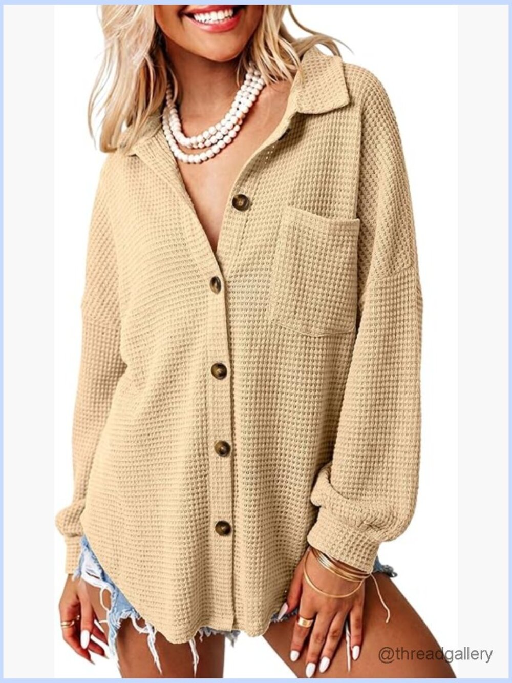 Waffle Knit Button Down Shacket Long Sleeve Blouse